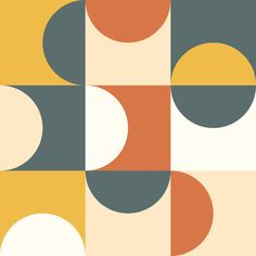 an abstract pattern with circles and squares in orange, yellow, gray and white colors