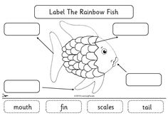 the label rainbow fish worksheet is shown in black and white, with words below it