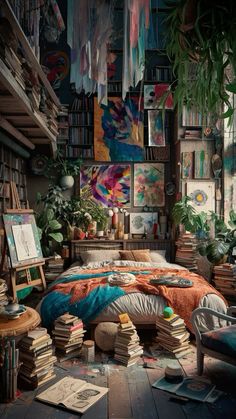 a bedroom with lots of books on the floor and plants in the corner next to the bed