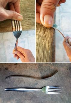 four pictures showing how to use forks and spoons in different stages of construction, including the end of a fork being held up by someone's hand