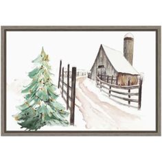 a watercolor painting of a barn and christmas tree