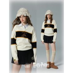 Official collaboration item between Harry Potter and KYOUKO. A knit sweater inspired by the uniform of a school of magic and wizardry. Embroidered with the Hufflepuff, Gryffindor, Slytherin, and Ravenclaw emblems. An item that creates a sophisticated college style. A cute and adorable magical girl. Welcome to the world of fantasy. 
 
 Color 
 
 Gray: Gryffindor 
 Dark Green: Slytherin 
 Navy: Ravenclaw 
 
 Ivory: Hufflepuff 
 
 
 Size 
 
 S size 
 
 Length: 58cm 
 Shoulder width: 53cm 
 Bust: 96 Preppy Vibes, Wizard School, Corset Vest, Poses Human, Magic School, College Fashion, Ravenclaw, Striped Blouse, Magical Girl