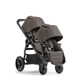 the baby stroller has two seats and is black