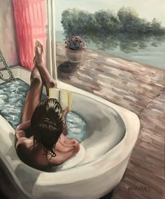 a painting of a woman laying in a bathtub