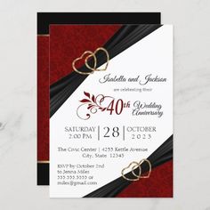 a red and black wedding anniversary party card with two hearts on the front, in gold foil