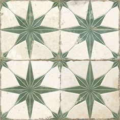 an artistic tile design with green and white stars in the center, on a beige background