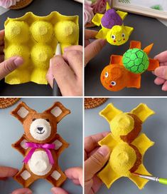 there are four different pictures of stuffed animals made out of felt and paper machs