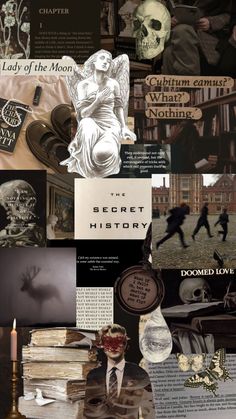 the collage shows many different things that are in this photo, including books and skulls