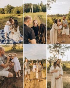 a collage of family photos in the middle of an open field with trees and grass