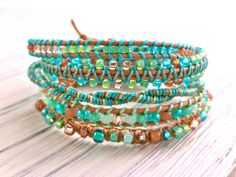 Macrame 5x Wrap Bracelet Seafoam Tan Brown Boho Leather Wrap | Etsy Green Handmade Wrap Bracelet For Friendship, Handmade Green Wrap Bracelet For Friendship, Turquoise Hand Wrapped Wrap Bracelet Gift, Hand Wrapped Hippie Style Wrap Bracelet For Beach, Handmade Bohemian Turquoise Leather Bracelet, Handmade Turquoise Leather Bracelet, Bohemian Style, Handmade Turquoise Leather Bracelet In Bohemian Style, Handmade Turquoise Wrap Bracelet, Bohemian Hand-wrapped Leather Bracelet Gift