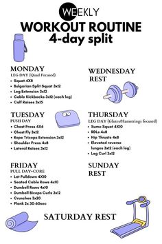 Weekly Women's Workout Routine (4-Day Split) 4 Day Split Workout, Weekly Gym Workouts, Split Workout Routine, 4 Day Workout, Split Workout, Weekly Workout Routines, Workout Gym Routine, Gym Workout Plan For Women, Week Schedule