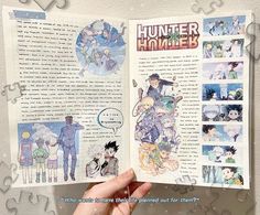 someone is holding an open comic book with images of people in the background and text that reads, hunter humber