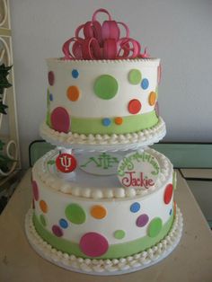 three tiered cake decorated with polka dots