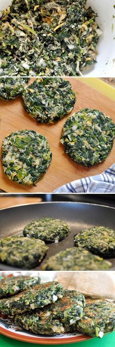 spinach patties are being cooked in a pan and then put on a baking sheet