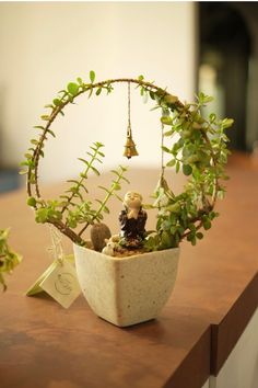 a potted plant sitting on top of a table next to a small figurine