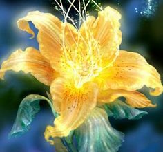 a yellow flower with green leaves in the foreground and blue sky in the background