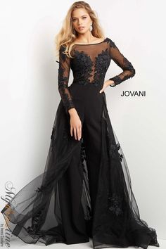 Looking for a unique and stylish jumpsuit for your next special event? Look no further than this Jovani 06609 lace bodice long sleeve evening jumpsuit. This one-of-a-kind jumpsuit features a beautiful lace bodice with long sleeves, making it perfect for a formal occasion. Plus, the slim fit silhouette will flatter your figure in all the right ways. Whether you're attending a wedding, gala, or any other black tie event, this jumpsuit is sure to turn heads. Applique Jumpsuit, Sheath Wedding Dress Lace, Evening Jumpsuit, Trumpet Dress, Trumpet Gown, Unique Prom Dresses, Beautiful Evening, Mermaid Gown, Applique Dress