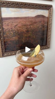 a hand holding a wine glass with a drink in it and a slice of cheese on the rim