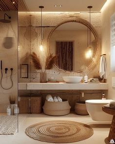 a bathroom with a large round mirror above the sink, and a rug on the floor