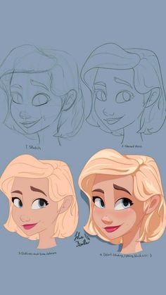 three different types of cartoon faces are shown in this drawing lesson, which shows how to draw