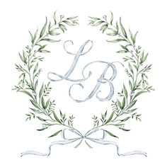 the letter b is surrounded by green leaves and ribbons, with an elegant monogram