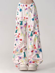 ❤︎Cartoon street loose side pocket wide pants❤︎ Kawaii Trousers, Baggie Pants, Kawaii Pants, Cartoon Street, Pants Colorful, Funky Pants, Silly Clothes, Kitty Cartoon, Y2k Pants