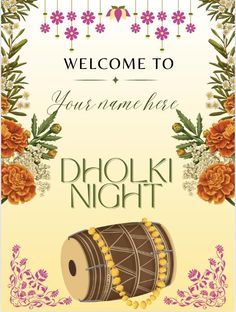 a welcome card with an image of a drum and flowers