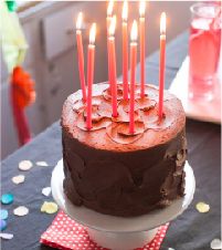 a chocolate cake with lit candles sitting on a table