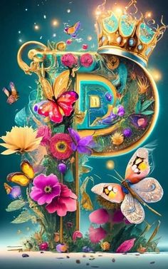 the letter d is surrounded by flowers, butterflies and other things that are all around it