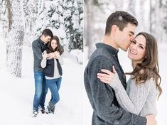 a man and woman hugging in the snow