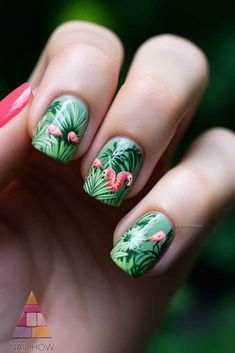 Green Jungle Nails - Get inspired by nature with these summer nail designs featuring detailed green foliage and exotic flamingos. Perfect for adding a touch of the tropics to your summer style. Explore more summer nail colors at nailhow.com. Jungle Nails, Green Jungle