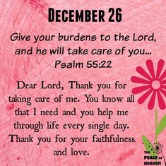 a pink card with a flower and the words, give your burdens to the lord and he will take care of you