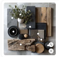 an assortment of wood and ceramic items displayed on a tile floor with white dots in the center