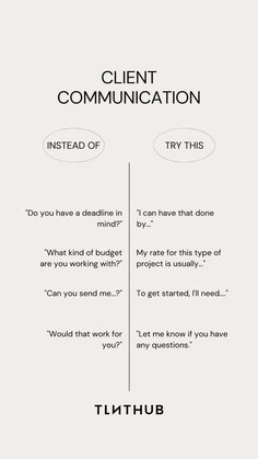 a white poster with the words client communication instead of try this