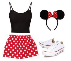 a minnie mouse outfit with red and white polka dot skirt, black tank top, and converse sneakers