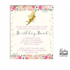 a pink and gold birthday card with a fairy on it's back, featuring the words