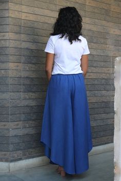 Linen pants for women, Blue linen pant, Gaucho, Flare pant, Made to order, Custom made, Plus size -Model height: 5'3" wearing size S-Length: 38"-Fit: Comfortable-Closure: Elasticated waistStyle these linen gaucho pants with casual tops or our tank tops. you would want to wear these everyday!**Note: Free Shipping time 15-21 days. Express Shipping time 5-7 days.** Blue Wide Leg Cotton Harem Pants, Blue Culottes For Spring, Full Length Cotton Wide Leg Pants, Solid Flare Cotton Pants, Loosely Fitted Cotton Culottes, Blue Stretch Wide Leg Harem Pants, Blue Full-length Wide Leg Cotton Pants, Blue Cotton Wide Leg Pants, Blue Wide Leg Harem Pants