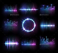 Music Equalizers Vector Audio or Radio Waves Set Sound Frequency, Radio Waves, Sound Frequencies, Radio Wave, Equalizer, Sound