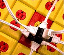 the wires are plugged into the yellow and red boxes with electrical cords attached to them