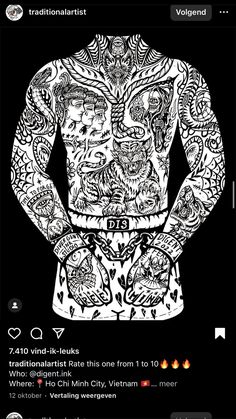 the back of a man's shirt with tattoos on his body and hands in his pockets