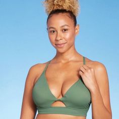 Back Tie Front Drawstring Adjustable Strap Removable Cup 32b Green Triangle Halter Top With Built-in Bra, Yoga Triangle Halter Top With Built-in Bra, Vacation Bra Friendly Strappy Halter Top, Bra Friendly Strappy Halter Top For Vacation, Strappy Bra Friendly Halter Top For Vacation, Low-cut Halter Top For Beach In Spring, Spring Low-cut Halter Top For Beach, Green Halter Top With Built-in Bra For Swimming, Green Halter Top With Built-in Bra For Beach Season