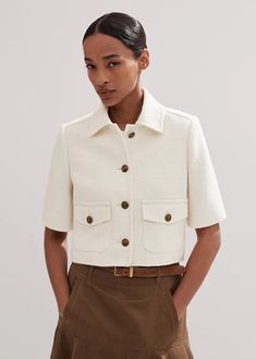 Tweed Short Sleeve Crop Jacket Cream White Short Sleeve Outerwear For Work, Chic Tailored Short Sleeve Outerwear, Cropped Tweed Outerwear For Work, Ankle Sleeve, Tweed Shorts, Short Sleeve Jacket, Straight Crop Jeans, Tweed Fabric, Fabric Tape