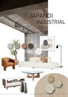 an interior design board with furniture and decor