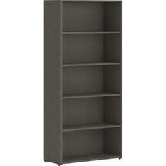 a gray bookcase with three shelves on each side