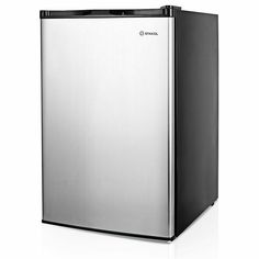 a silver and black refrigerator on a white background