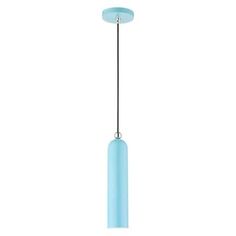 a blue light hanging from a ceiling fixture