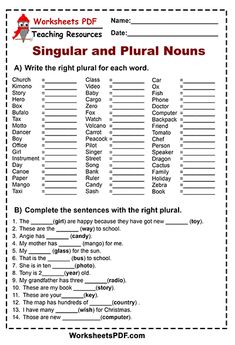 worksheet for singular and plural nouns with pictures on it