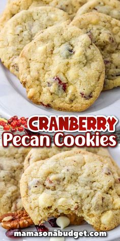 cranberry pecan cookies on a white plate with text overlay that reads, cranberry pecan cookies