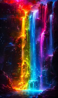 an image of a waterfall with rainbow colors