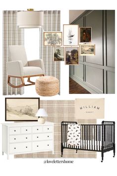 a baby's room with neutral colors and furniture